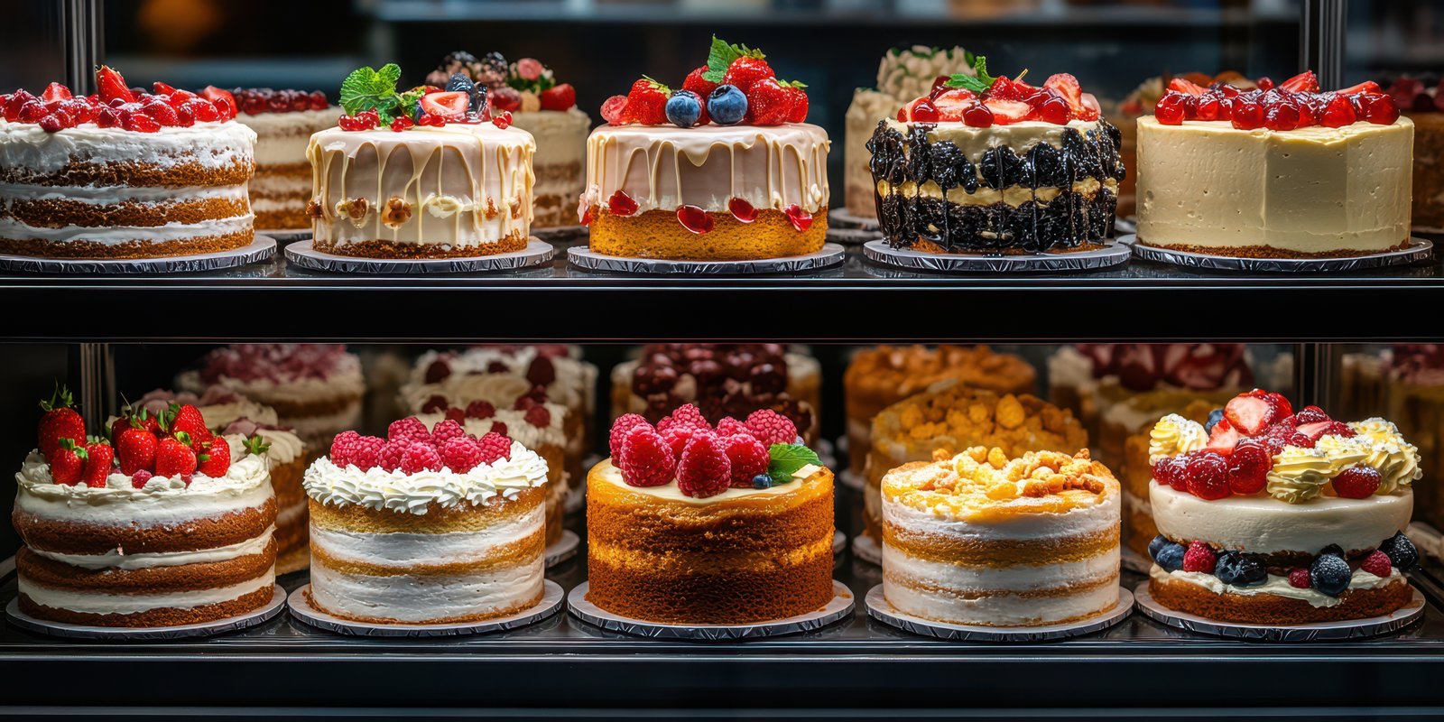 Variety of colorful cakes displayed in a bakery showcase with fresh fruits and toppings